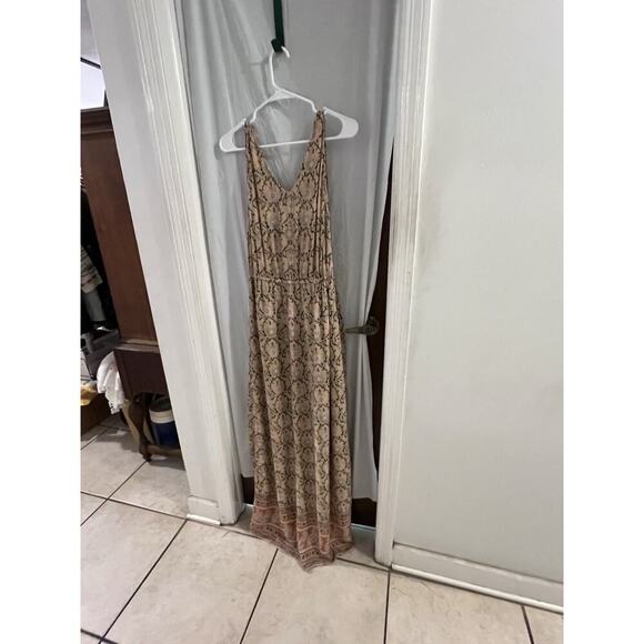 Lucky Brand Tan Pink Floral Maxi Dress Size M Pockets Lined Elastic Waist Boho - Picture 6 of 8